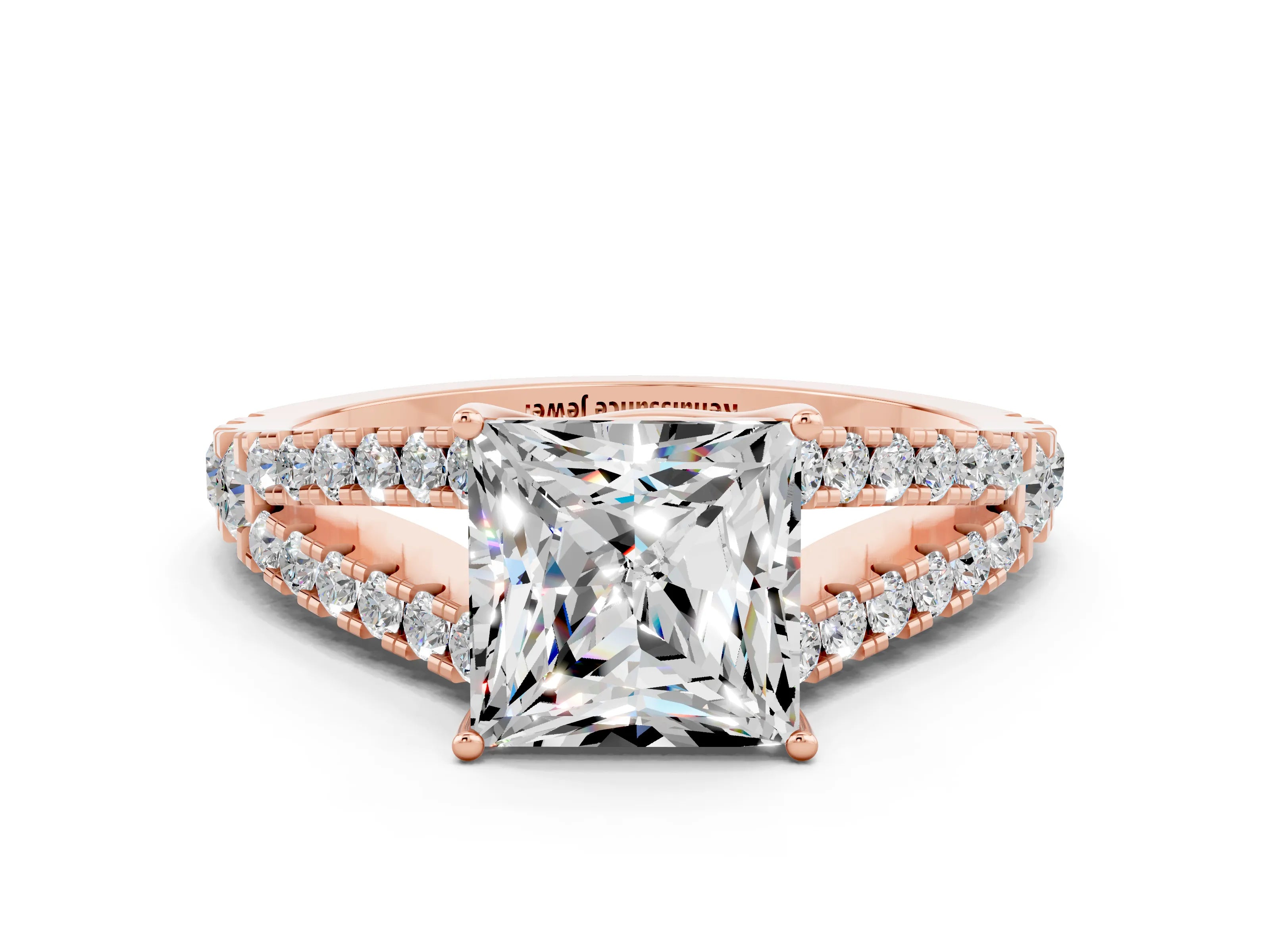 Rose gold Princess Cut Moissanite Split Shank Pavé Engagement Ring with Four-Prong Setting_12