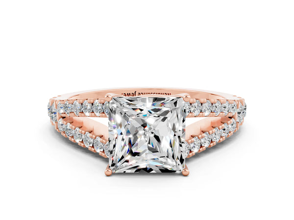 Rose gold Princess Cut Moissanite Split Shank Pavé Engagement Ring with Four-Prong Setting