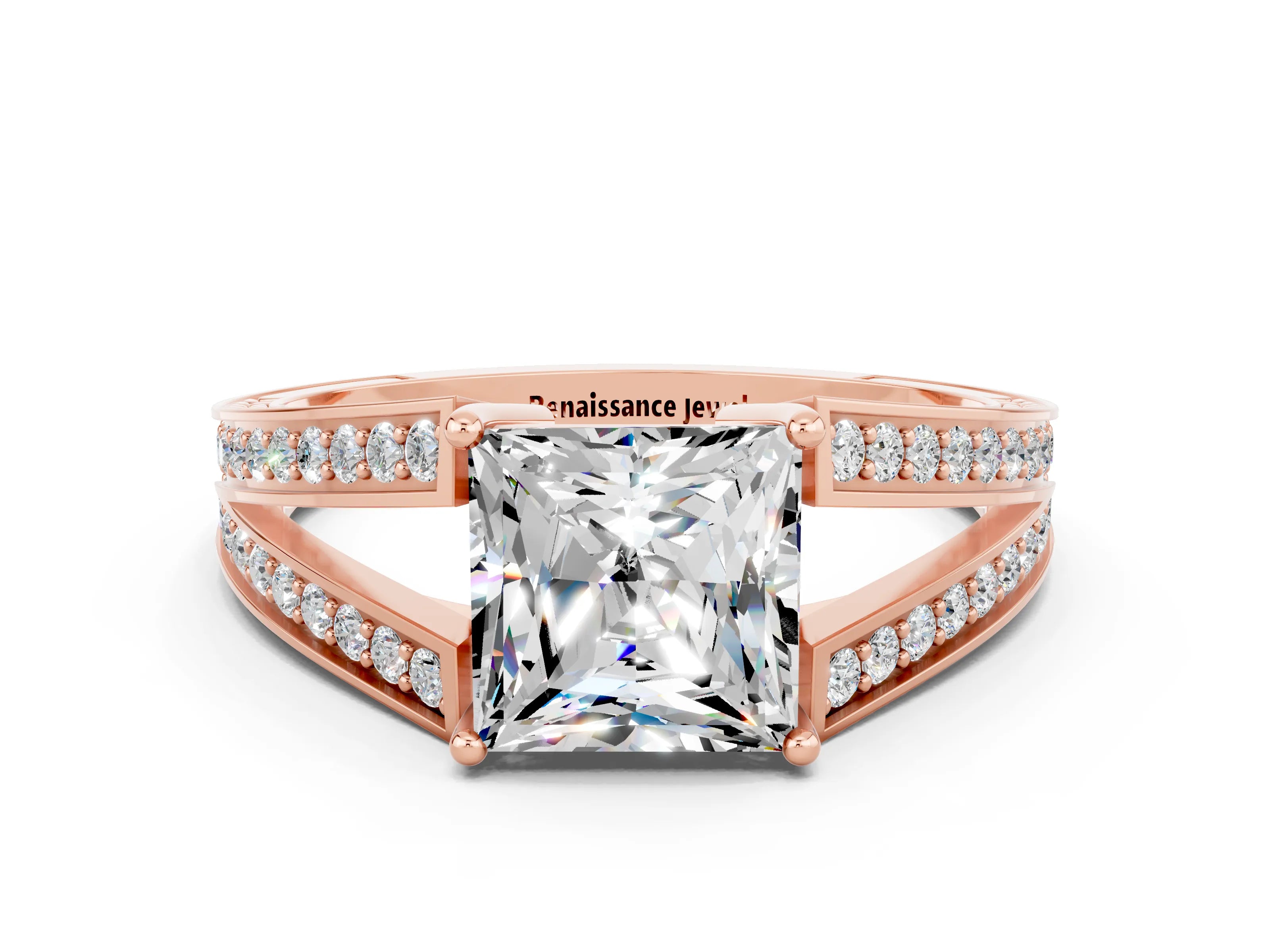 Rose gold Princess Cut Moissanite Split Shank Ring with Pavé Band and Four-Prong Setting