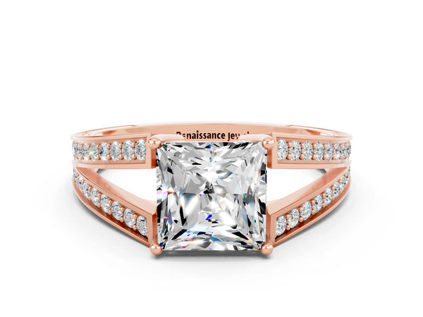 Rose gold Princess Cut Moissanite Split Shank Ring with Pavé Band and Four-Prong Setting