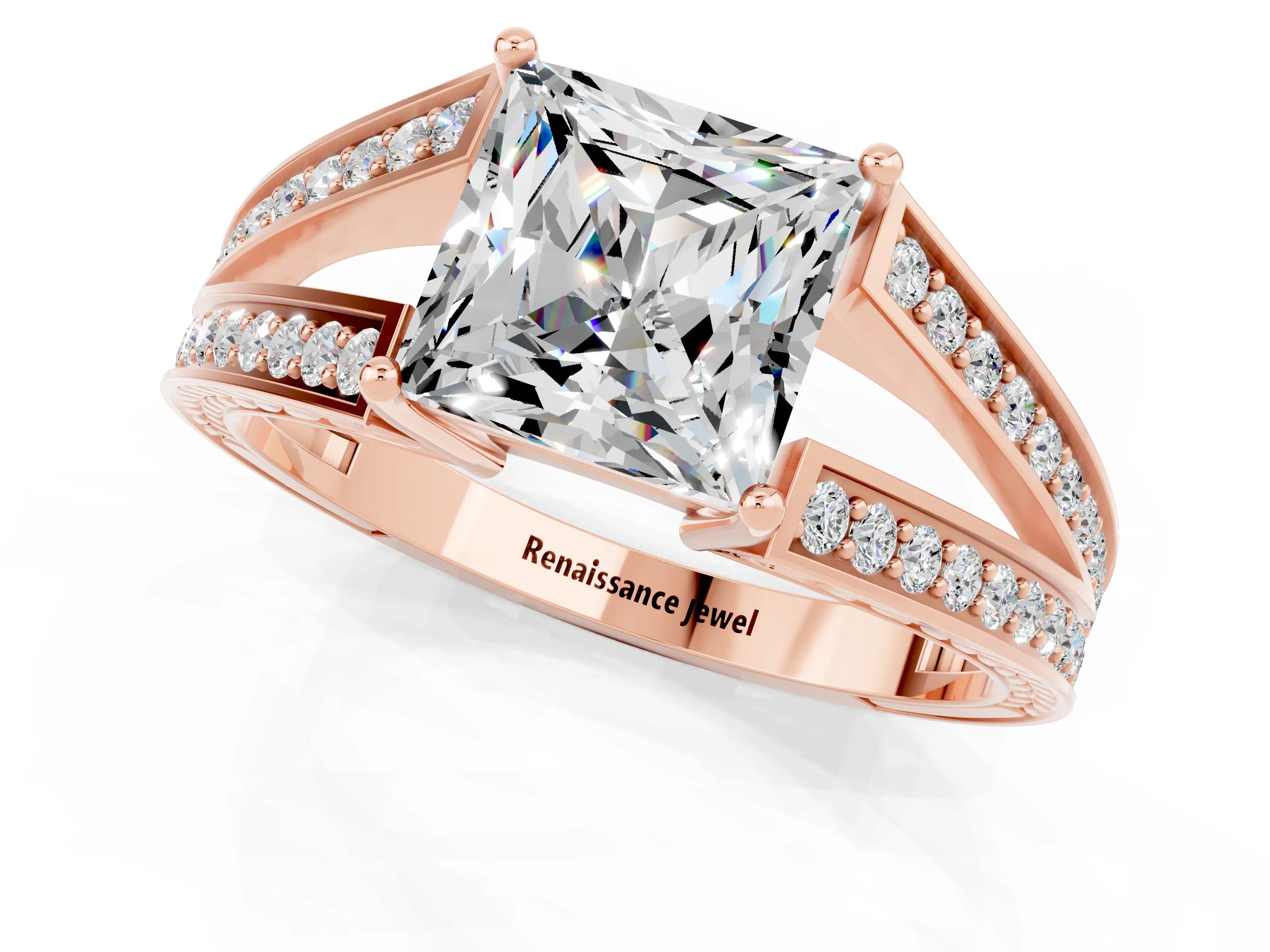 Rose gold Princess Cut Moissanite Split Shank Ring with Pavé Band and Four-Prong Setting_1