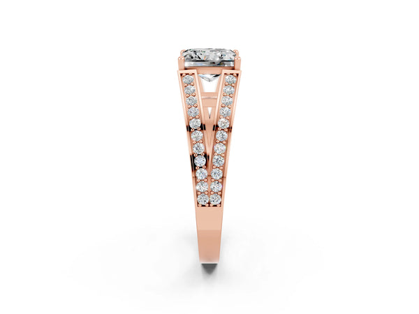 Rose gold Princess Cut Moissanite Split Shank Ring with Pavé Band and Four-Prong Setting