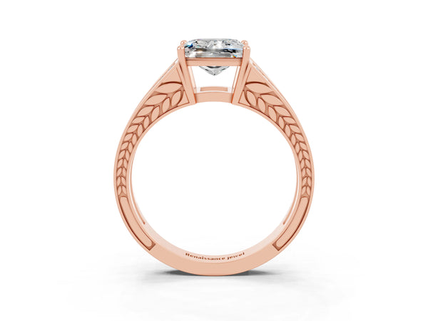 Rose gold Princess Cut Moissanite Split Shank Ring with Pavé Band and Four-Prong Setting