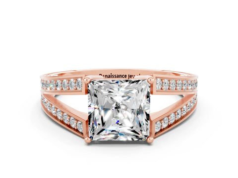 Rose gold Princess Cut Moissanite Split Shank Ring with Pavé Band and Four-Prong Setting