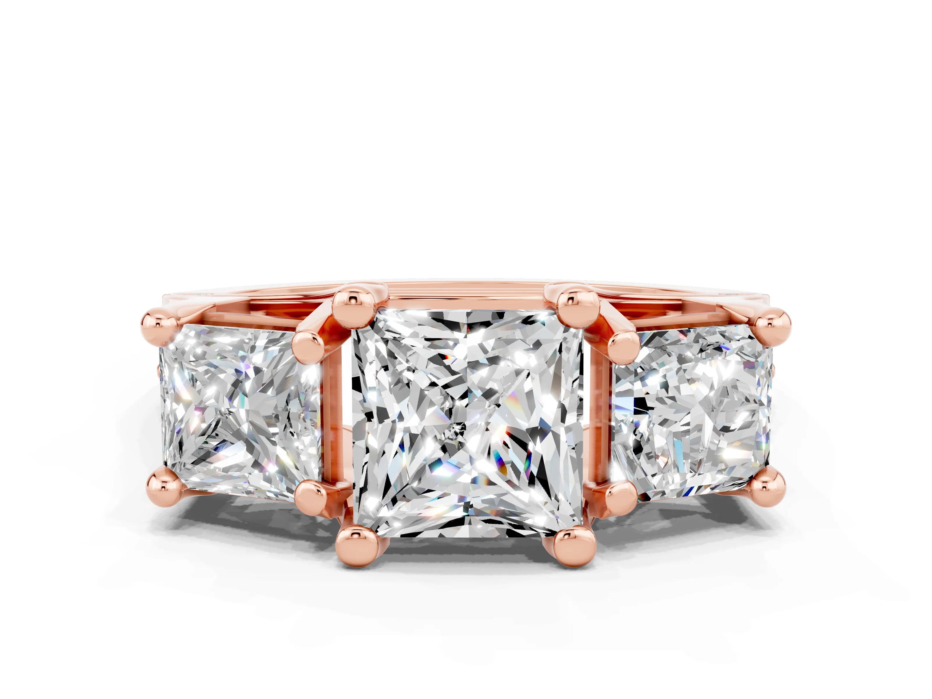 Rose gold Princess Cut Moissanite Three-Stone Ring with Channel Set Band and Four-Prong Setting