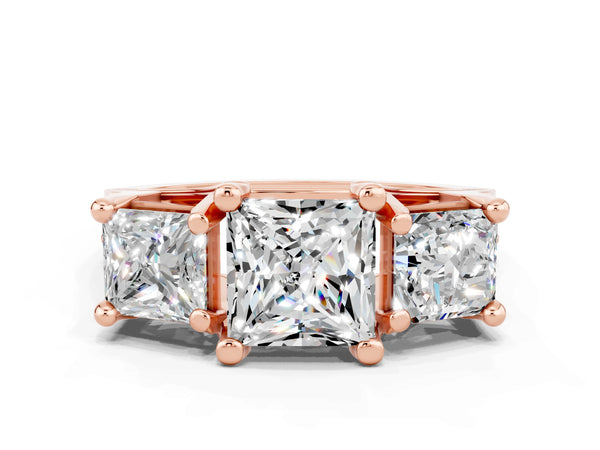 Rose gold Princess Cut Moissanite Three-Stone Ring with Channel Set Band and Four-Prong Setting