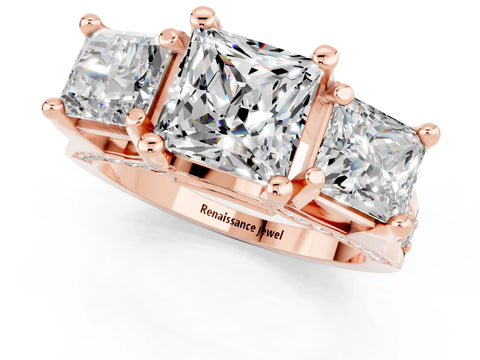 Rose gold Princess Cut Moissanite Three-Stone Ring with Channel Set Band and Four-Prong Setting_1