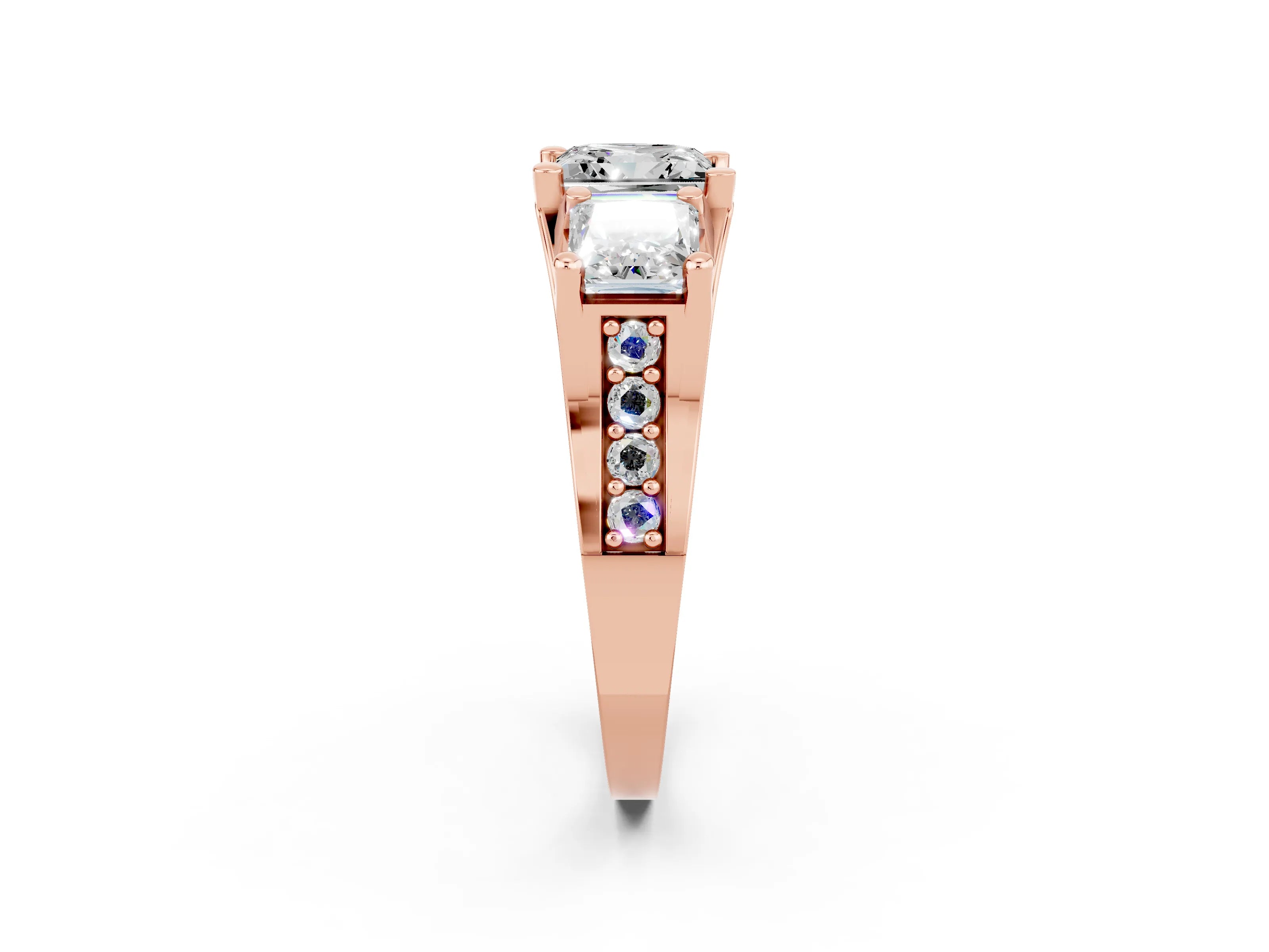 Rose gold Princess Cut Moissanite Three-Stone Ring with Channel Set Band and Four-Prong Setting_2