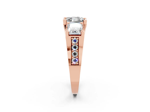 Rose gold Princess Cut Moissanite Three-Stone Ring with Channel Set Band and Four-Prong Setting