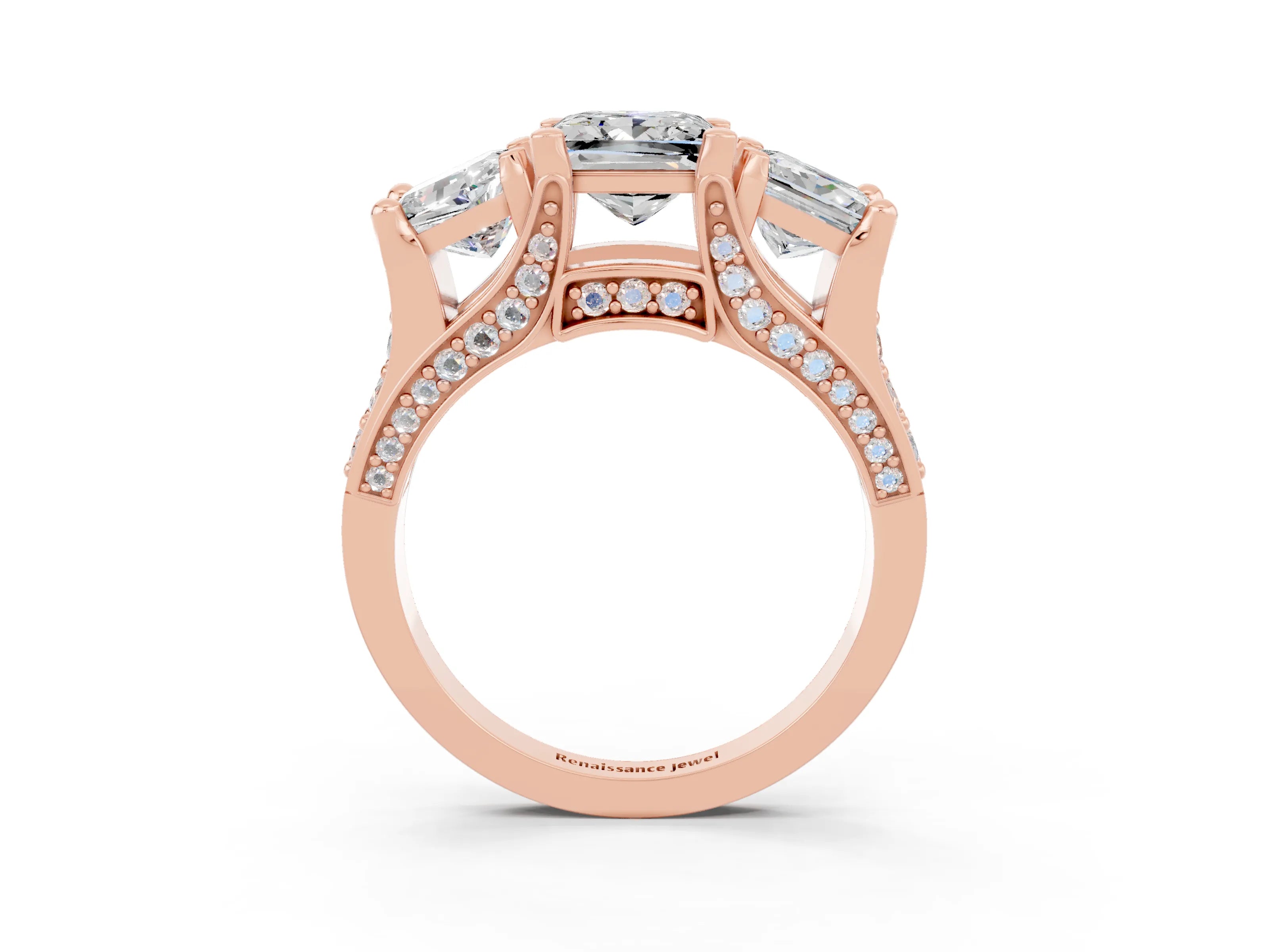 Rose gold Princess Cut Moissanite Three-Stone Ring with Channel Set Band and Four-Prong Setting_3