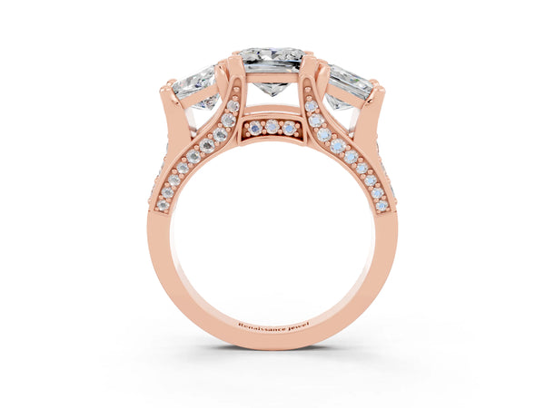 Rose gold Princess Cut Moissanite Three-Stone Ring with Channel Set Band and Four-Prong Setting