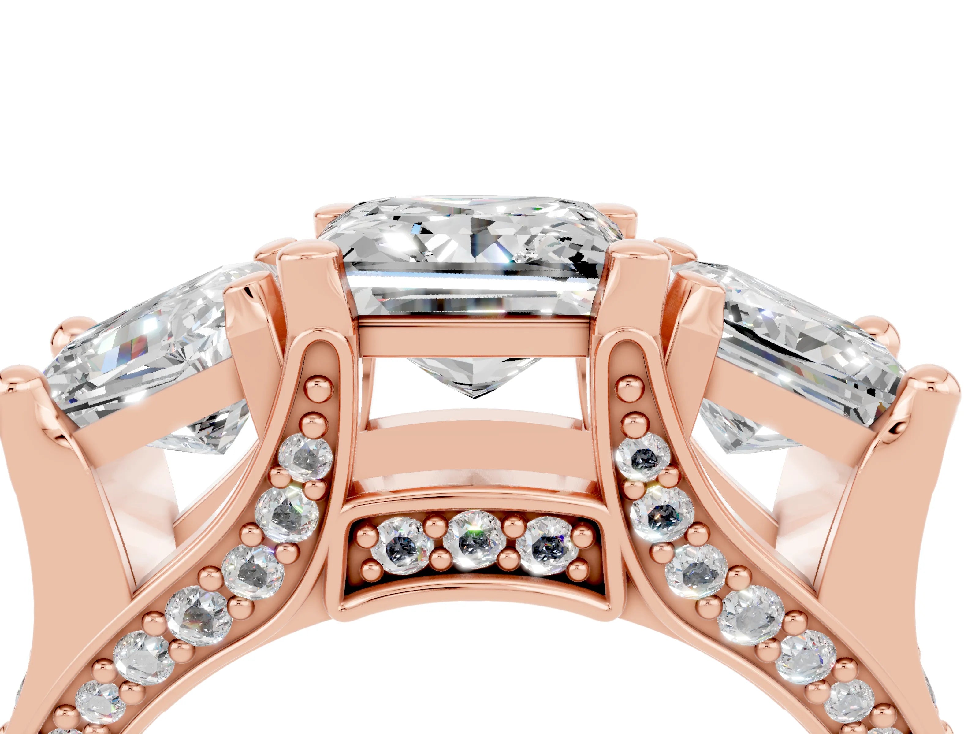 Rose gold Princess Cut Moissanite Three-Stone Ring with Channel Set Band and Four-Prong Setting_4