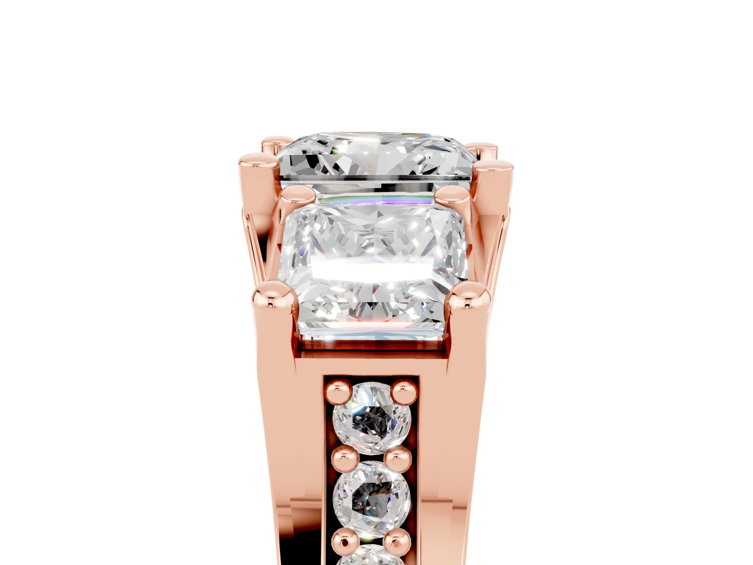 Rose gold Princess Cut Moissanite Three-Stone Ring with Channel Set Band and Four-Prong Setting_5