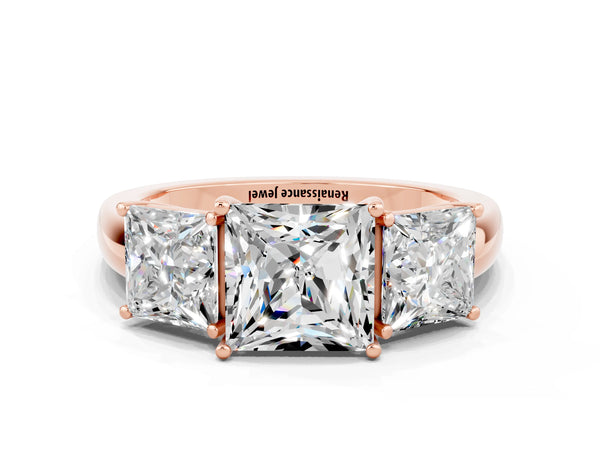 Rose gold Princess Cut Moissanite Three-Stone Ring with Four-Prong Setting and Classic Band