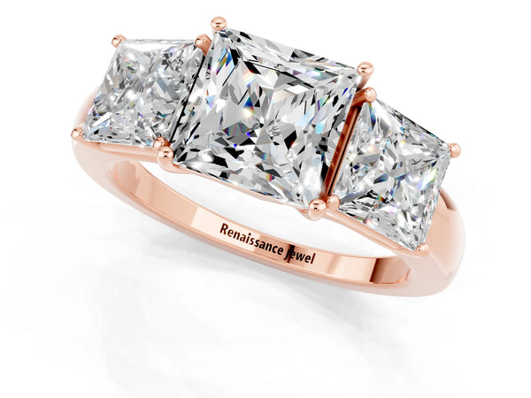 Rose gold Princess Cut Moissanite Three-Stone Ring with Four-Prong Setting and Classic Band