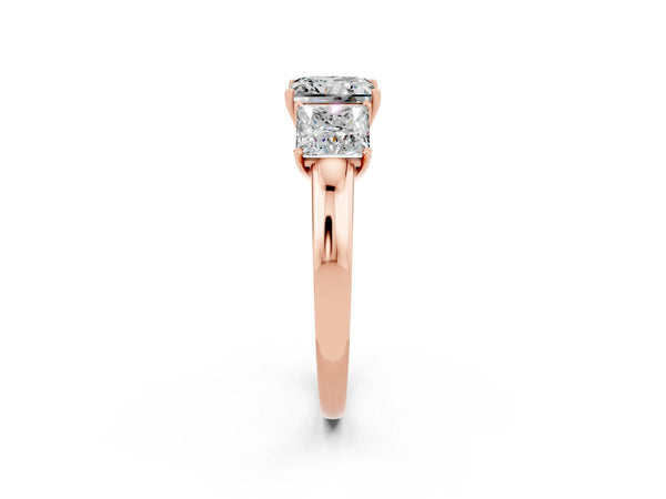 Rose gold Princess Cut Moissanite Three-Stone Ring with Four-Prong Setting and Classic Band