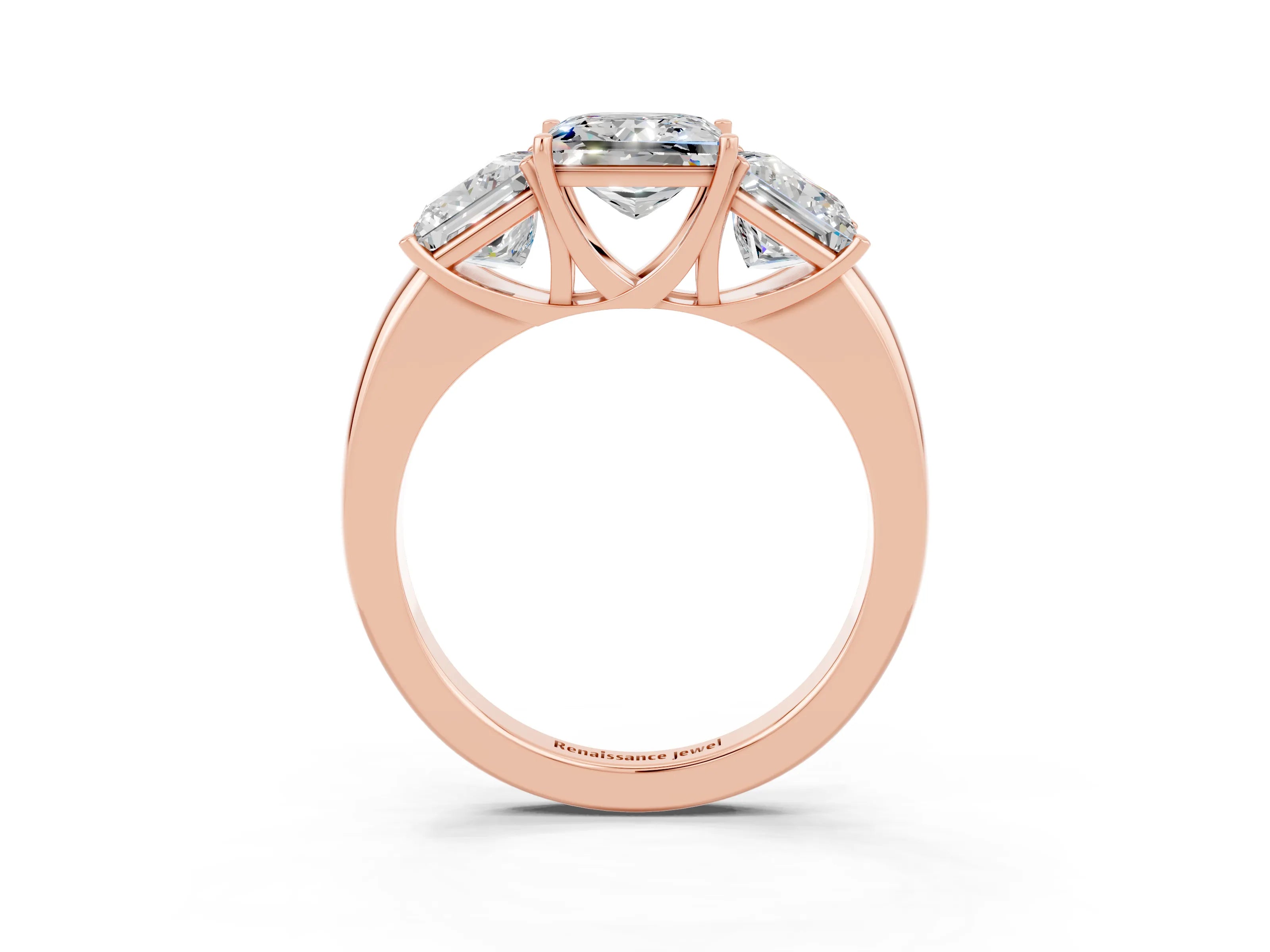 Rose gold Princess Cut Moissanite Three-Stone Ring with Four-Prong Setting and Classic Band_3