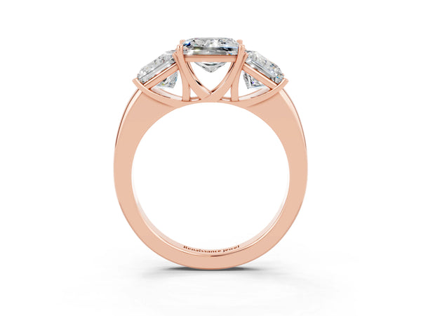 Rose gold Princess Cut Moissanite Three-Stone Ring with Four-Prong Setting and Classic Band
