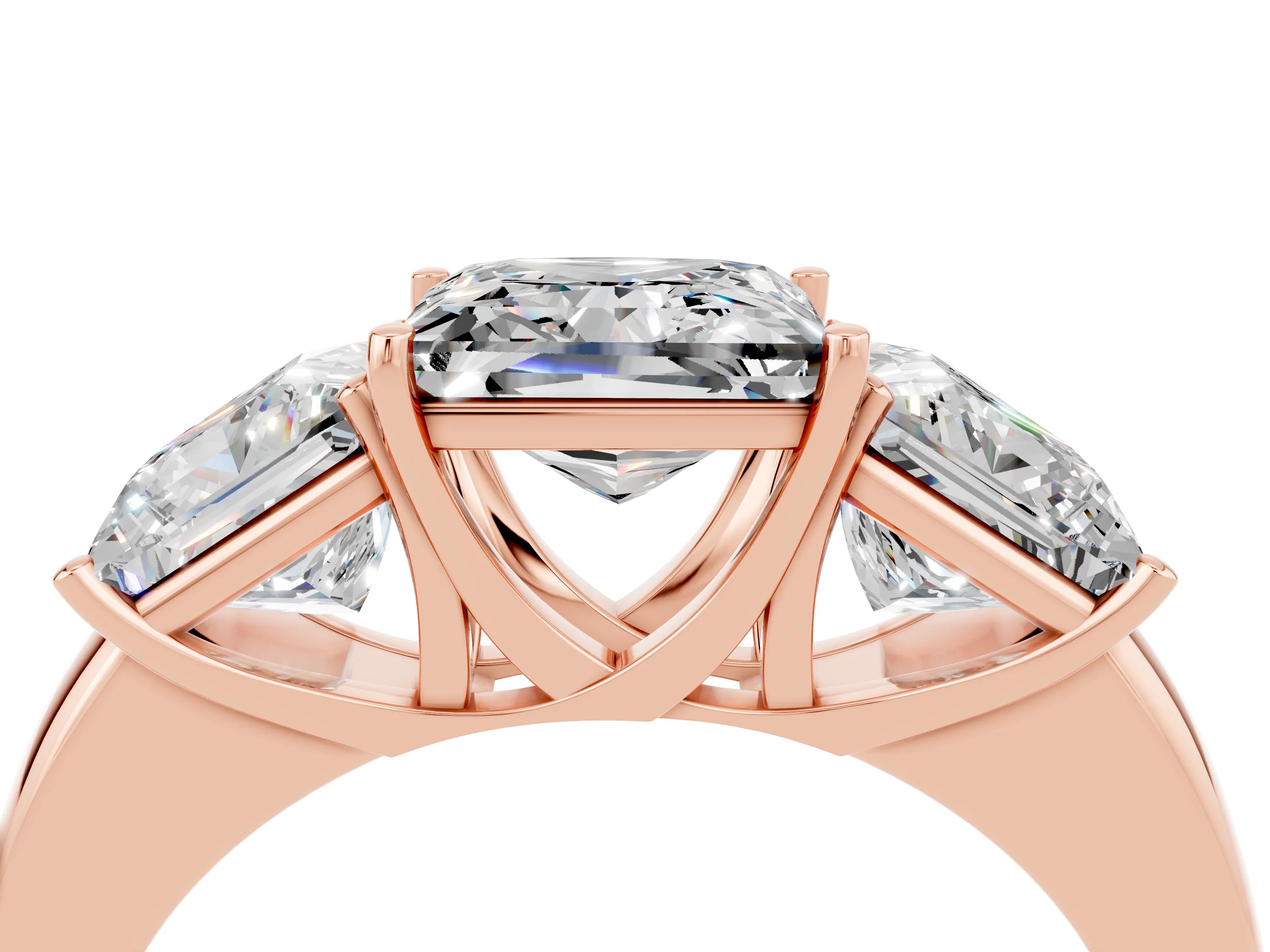 Rose gold Princess Cut Moissanite Three-Stone Ring with Four-Prong Setting and Classic Band_4