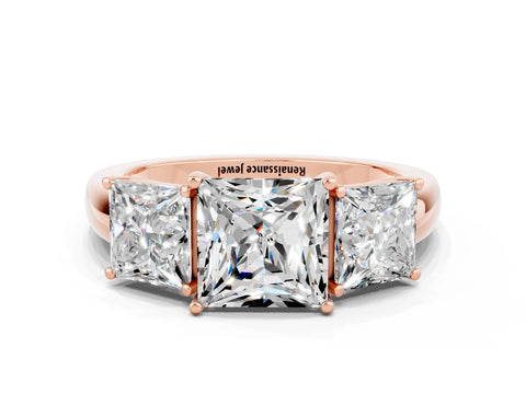 Rose gold Princess Cut Moissanite Three-Stone Ring with Four-Prong Setting and Classic Band