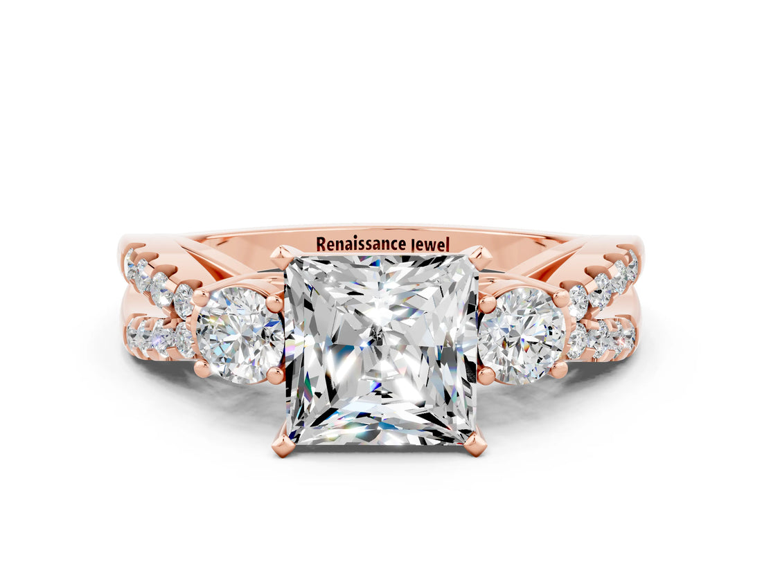 Rose gold Princess Cut Moissanite Three-Stone Ring with Pavé Split Shank and Four-Prong Setting