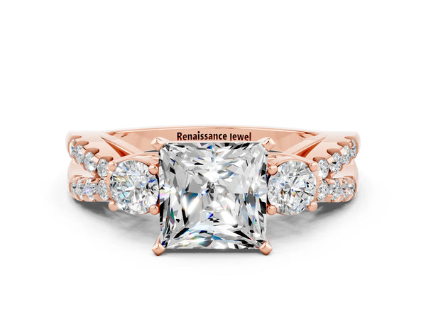 Rose gold Princess Cut Moissanite Three-Stone Ring with Pavé Split Shank and Four-Prong Setting