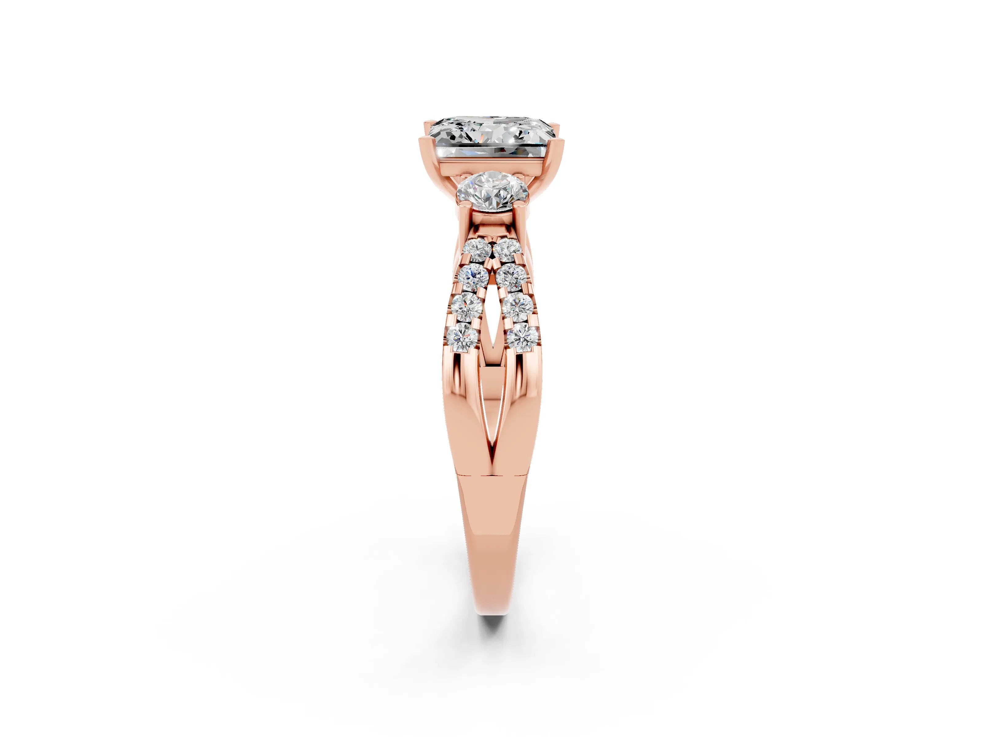 Rose gold Princess Cut Moissanite Three-Stone Ring with Pavé Split Shank and Four-Prong Setting_2