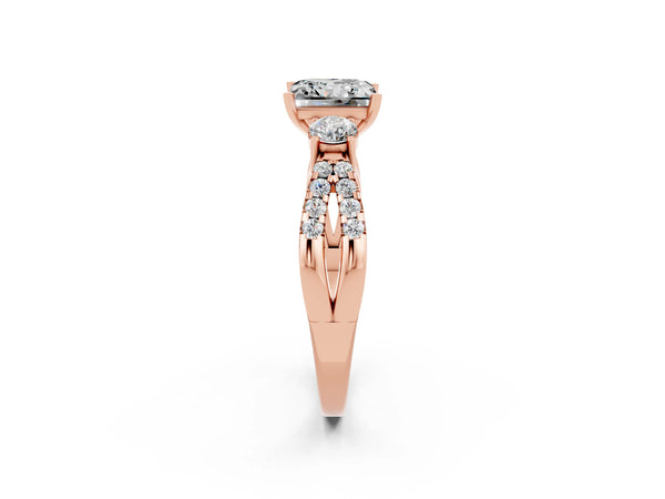 Rose gold Princess Cut Moissanite Three-Stone Ring with Pavé Split Shank and Four-Prong Setting