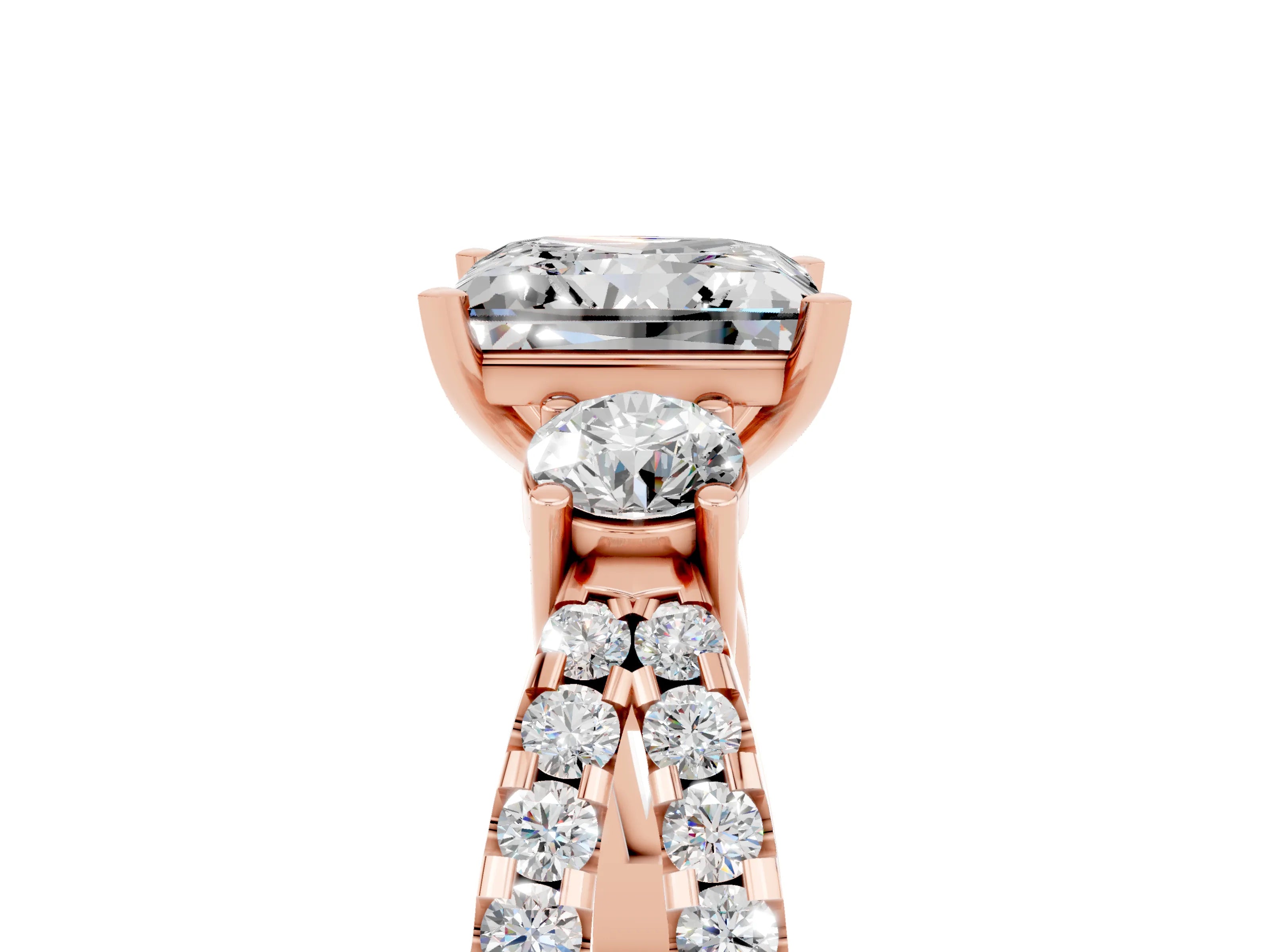 Rose gold Princess Cut Moissanite Three-Stone Ring with Pavé Split Shank and Four-Prong Setting_5