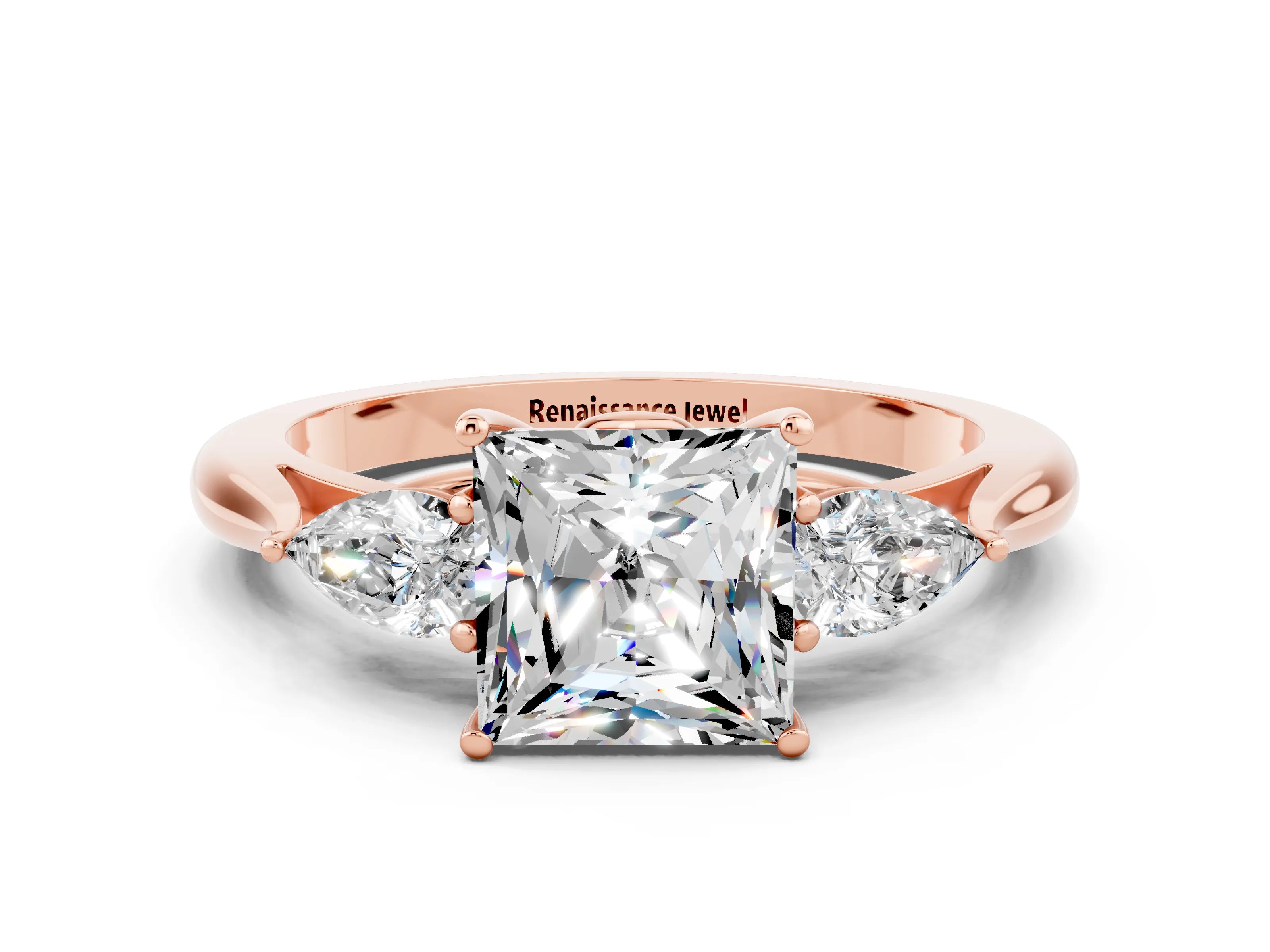 Rose gold Princess Cut Moissanite Three-Stone Ring with Pear Side Stones and Four-Prong Setting_12