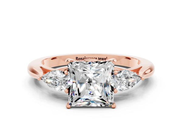 Rose gold Princess Cut Moissanite Three-Stone Ring with Pear  Side Stones and Prong Setting