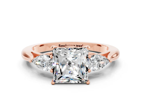 Rose gold Princess Cut Moissanite Three-Stone Ring with Pear Side Stones and Four-Prong Setting_12