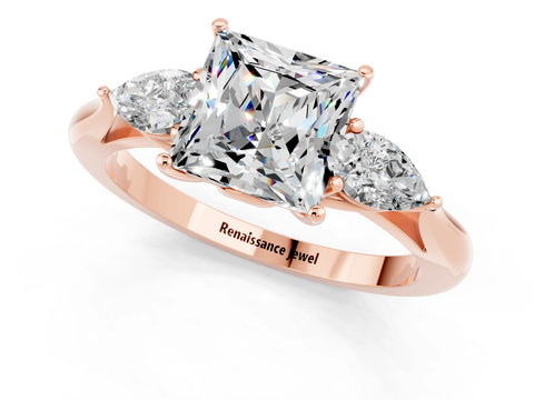 Rose gold Princess Cut Moissanite Three-Stone Ring with Pear Side Stones and Four-Prong Setting_13