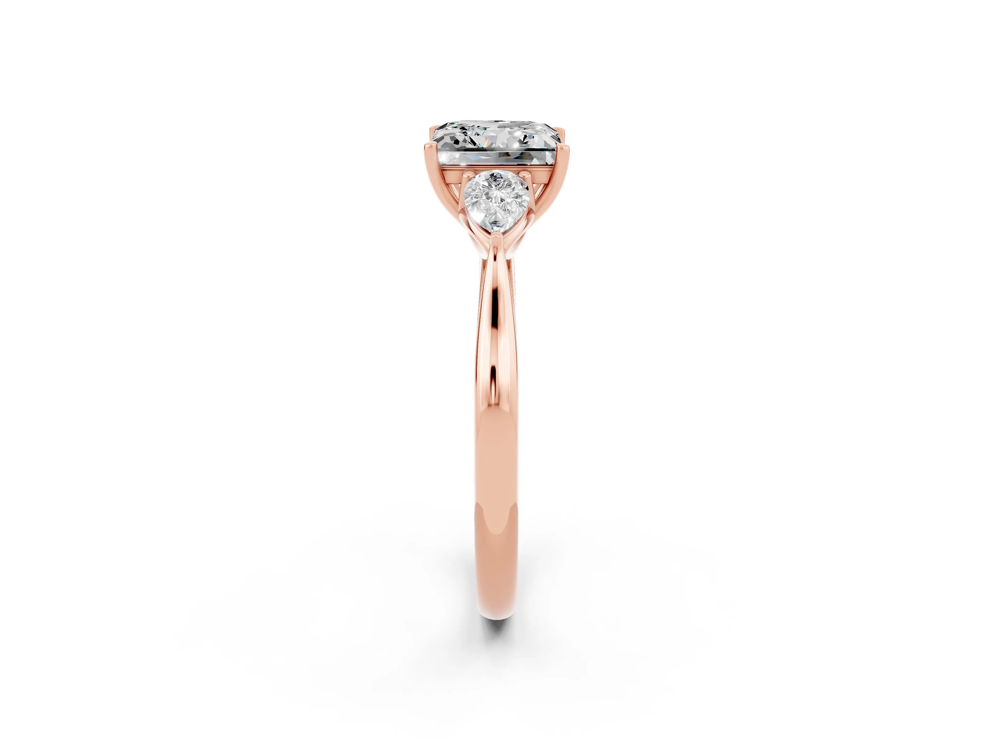 Rose gold Princess Cut Moissanite Three-Stone Ring with Pear Side Stones and Four-Prong Setting_14