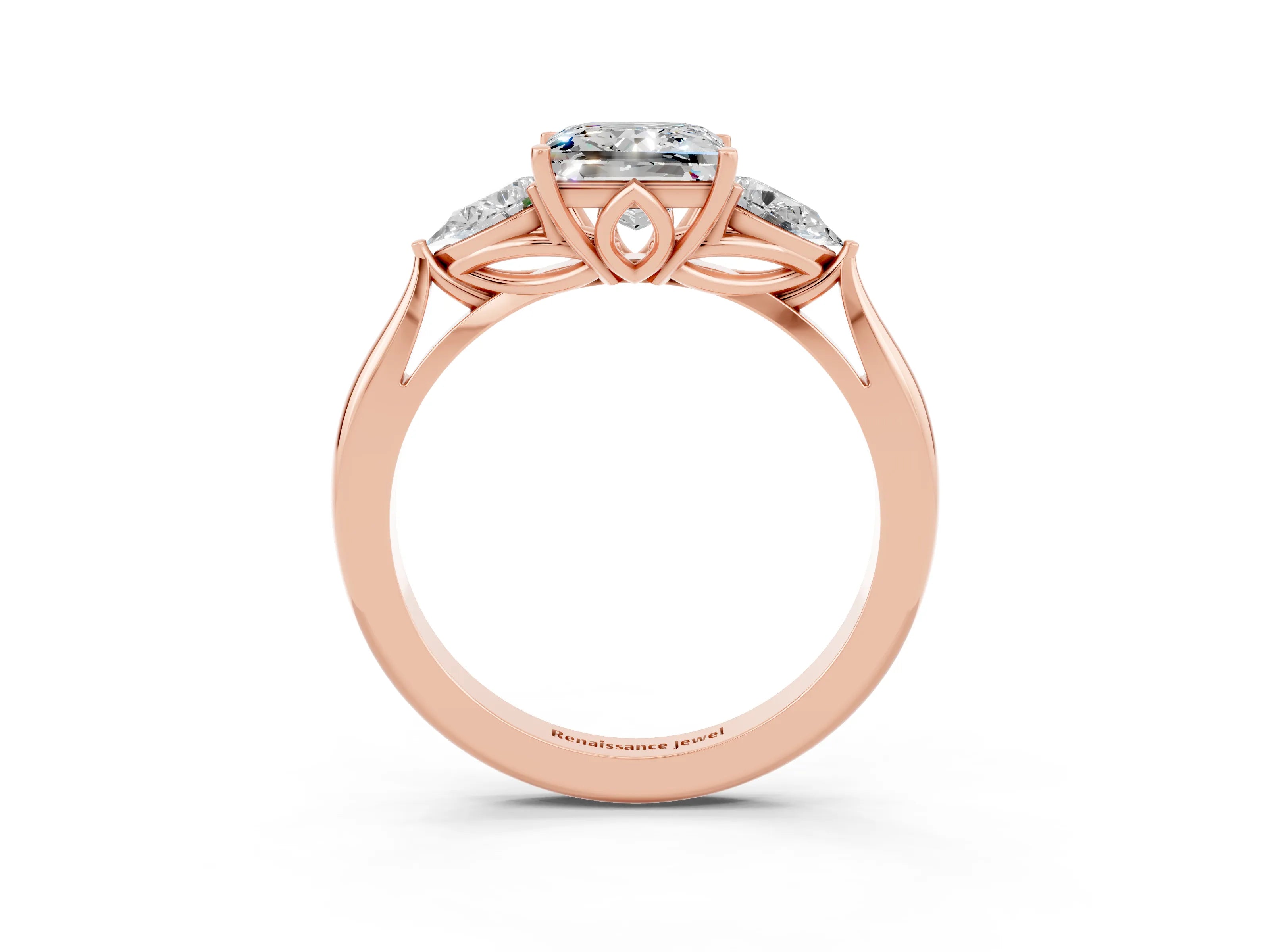 Rose gold Princess Cut Moissanite Three-Stone Ring with Pear Side Stones and Four-Prong Setting_15