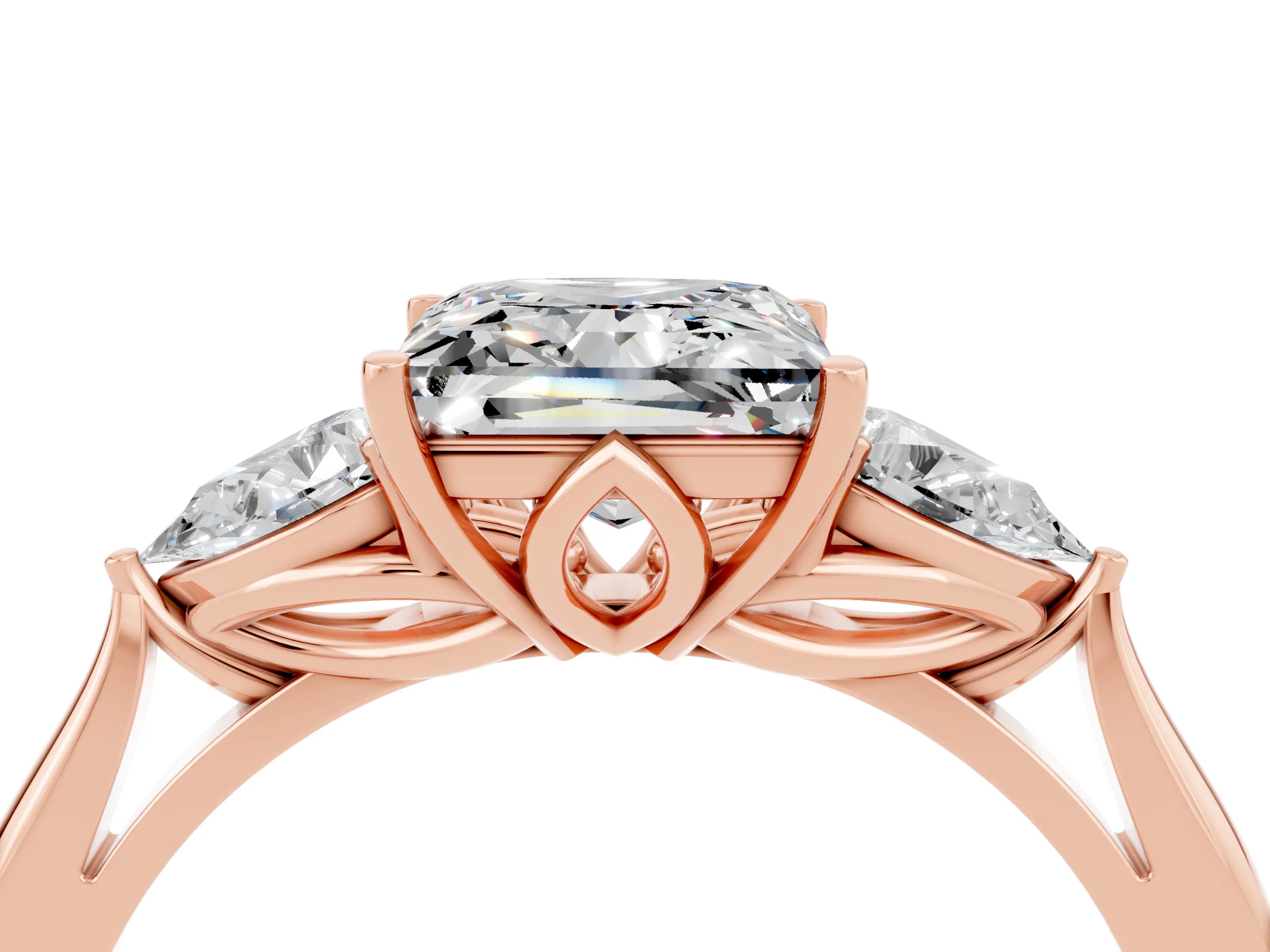 Rose gold Princess Cut Moissanite Three-Stone Ring with Pear Side Stones and Four-Prong Setting_16