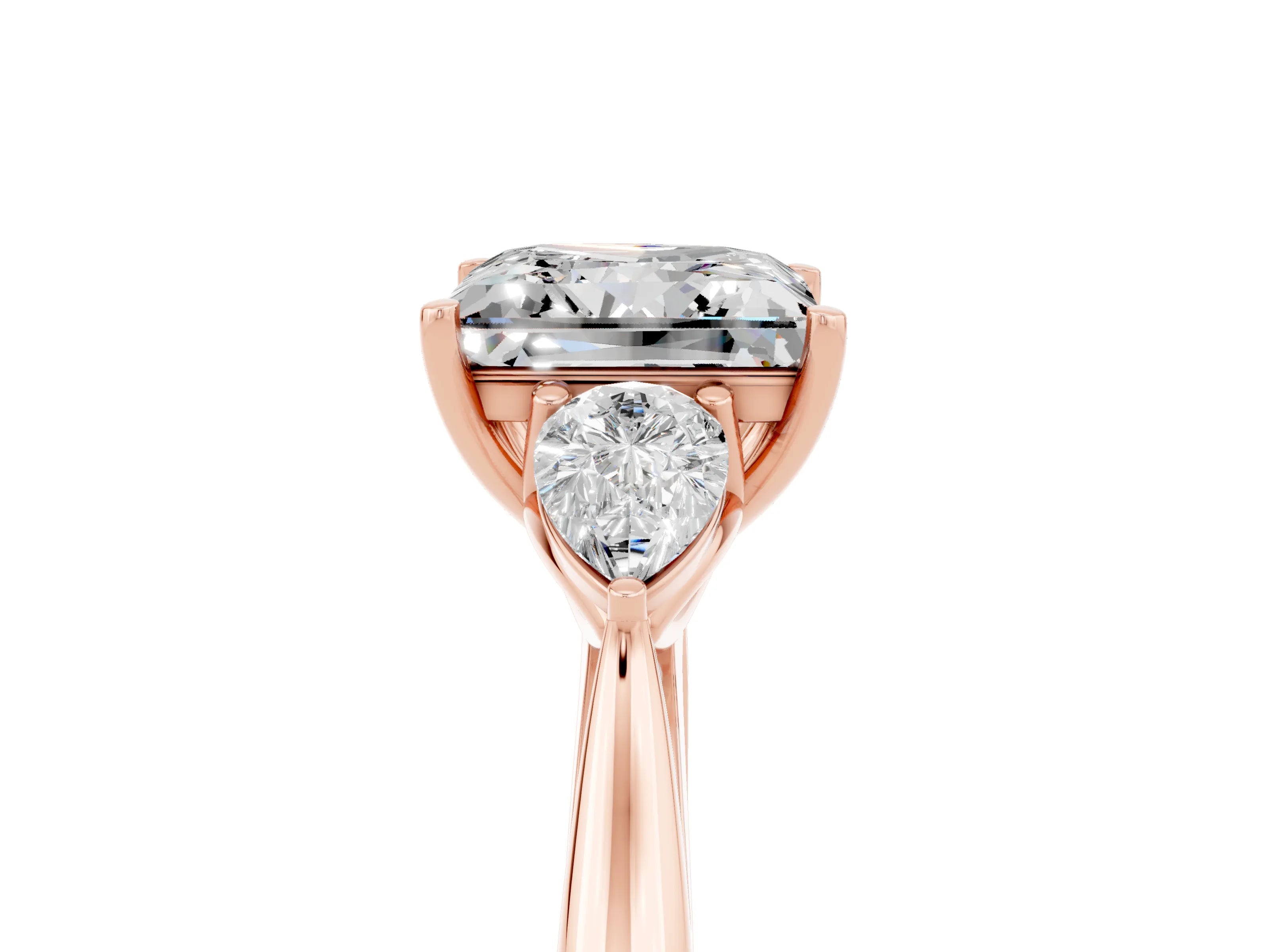 Rose gold Princess Cut Moissanite Three-Stone Ring with Pear Side Stones and Four-Prong Setting_17