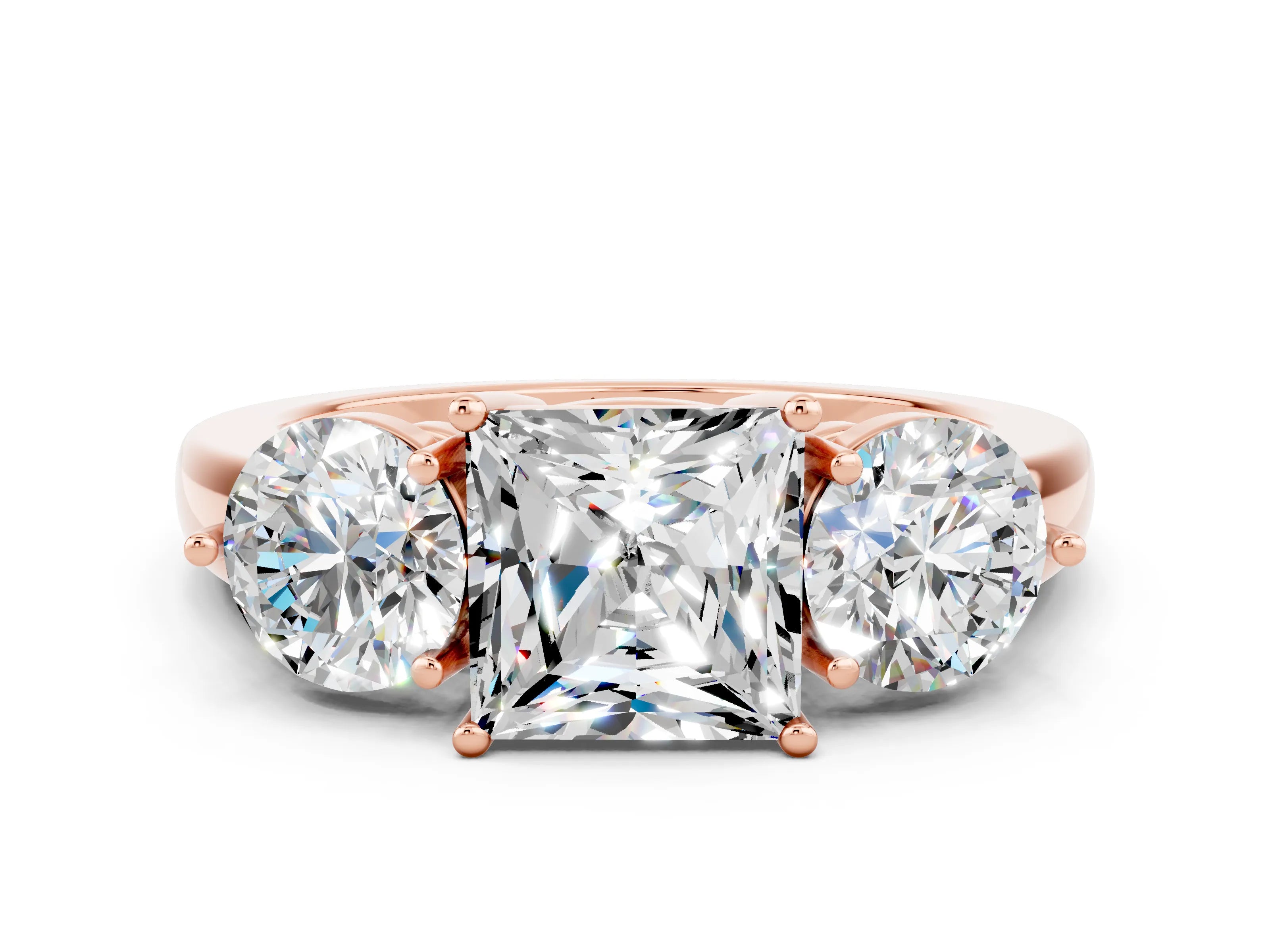 Rose gold Princess Cut Moissanite Three-Stone Ring with Prong Setting and Classic Band