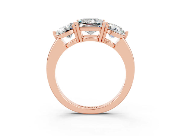 Rose gold Princess Cut Moissanite Three-Stone Ring with Prong Setting and Classic Band