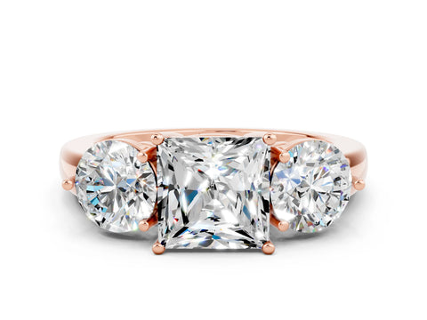 Rose gold Princess Cut Moissanite Three-Stone Ring with Prong Setting and Classic Band