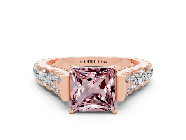 Rose gold Princess Cut Morganite Classic Solitaire Ring with Pavé Band and Four-Prong Setting