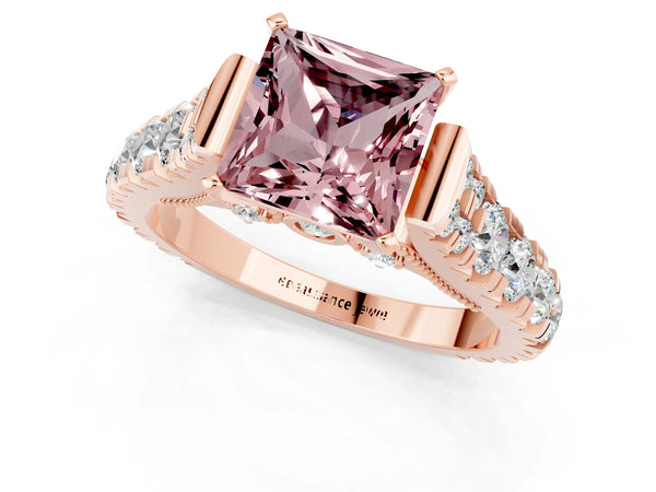 Rose gold Princess Cut Morganite Classic Solitaire Ring with Pavé Band and Four-Prong Setting