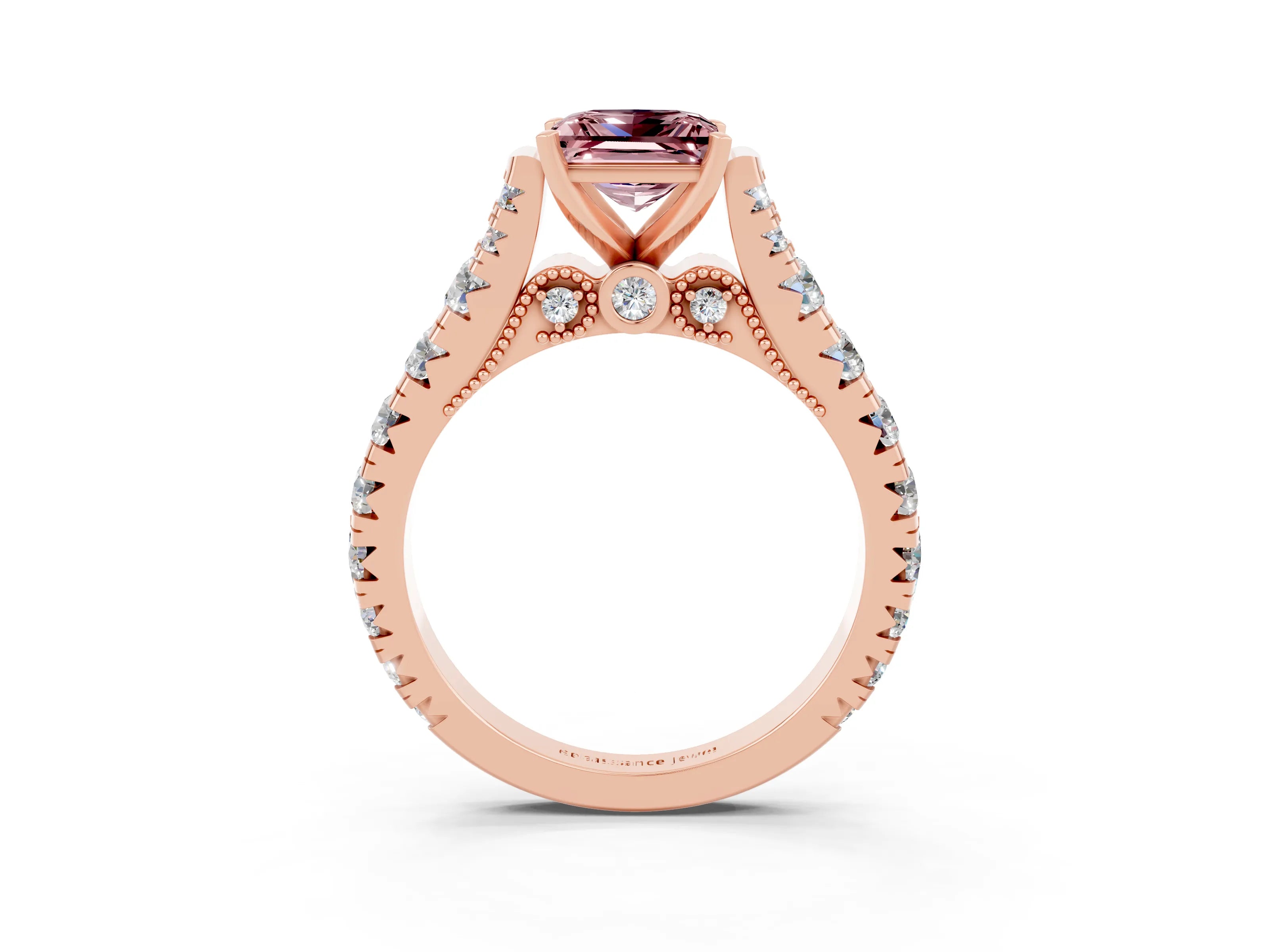 Rose gold Princess Cut Morganite Classic Solitaire Ring with Pavé Band and Four-Prong Setting_3