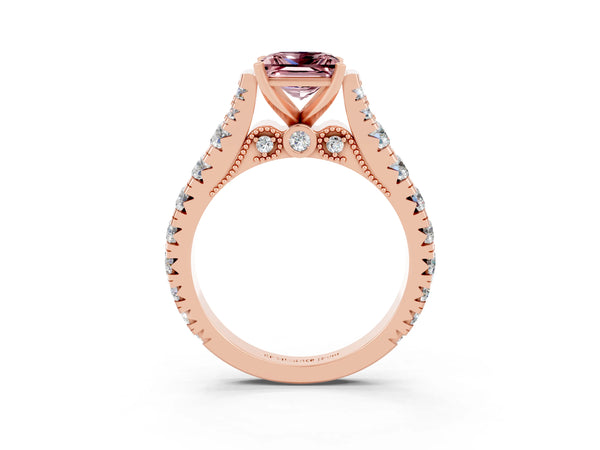 Rose gold Princess Cut Morganite Classic Solitaire Ring with Pavé Band and Four-Prong Setting