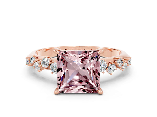 Rose gold Princess Cut Morganite Cluster Side Stone Solitaire Ring with Prong Setting