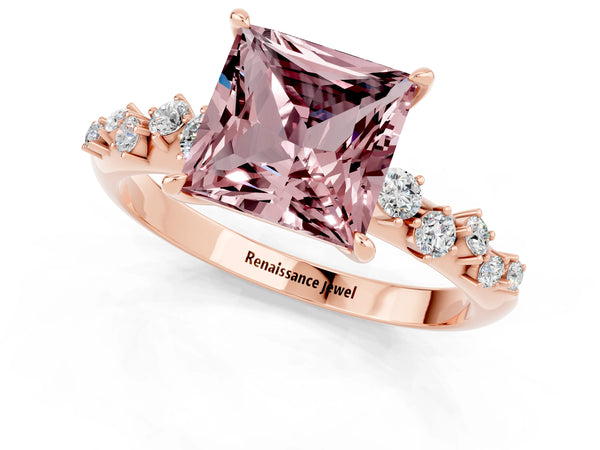 Rose gold Princess Cut Morganite Cluster Side Stone Solitaire Ring with Prong Setting