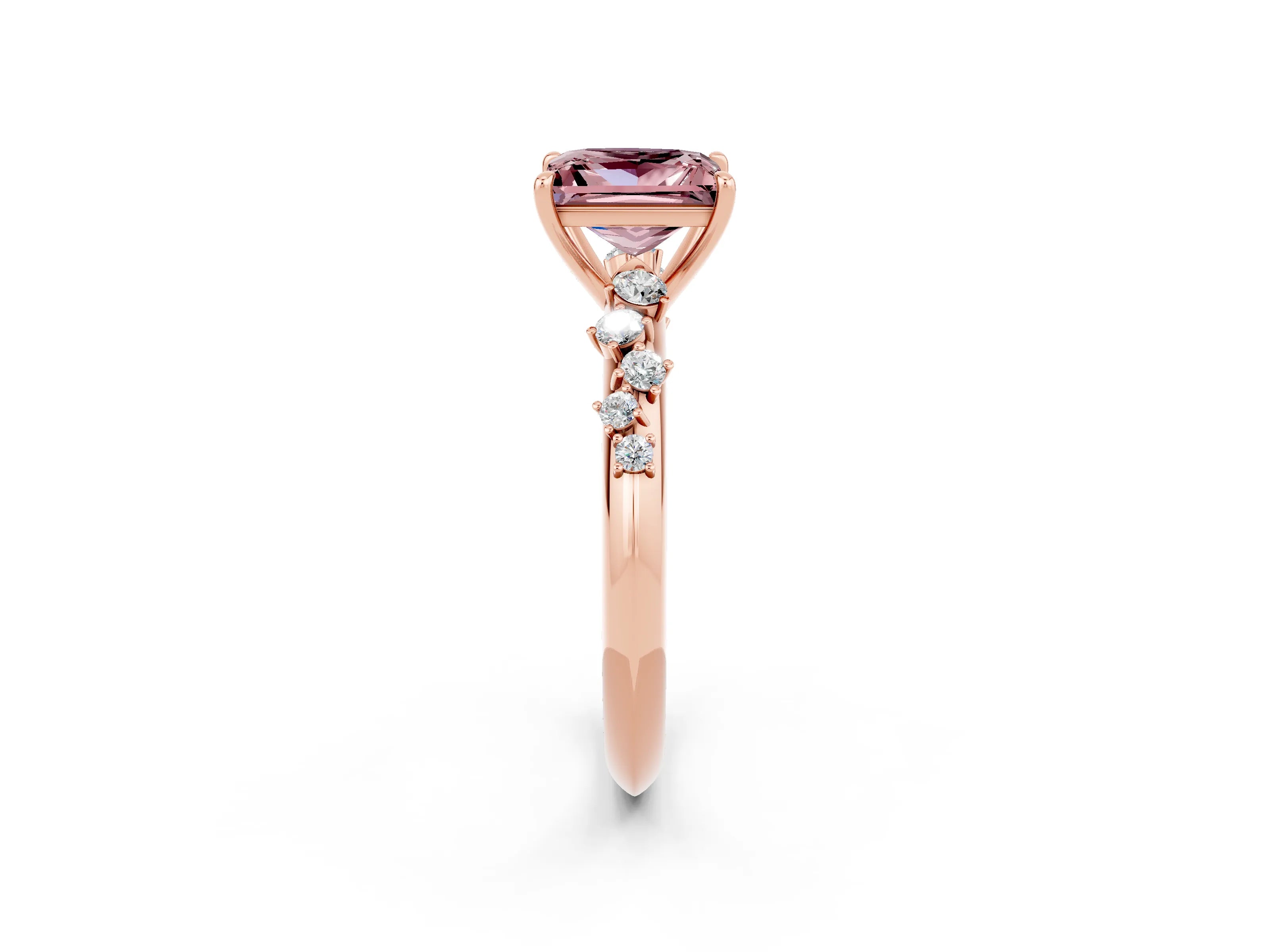 Rose gold Princess Cut Morganite Cluster Side Stone Solitaire Ring with Prong Setting_26