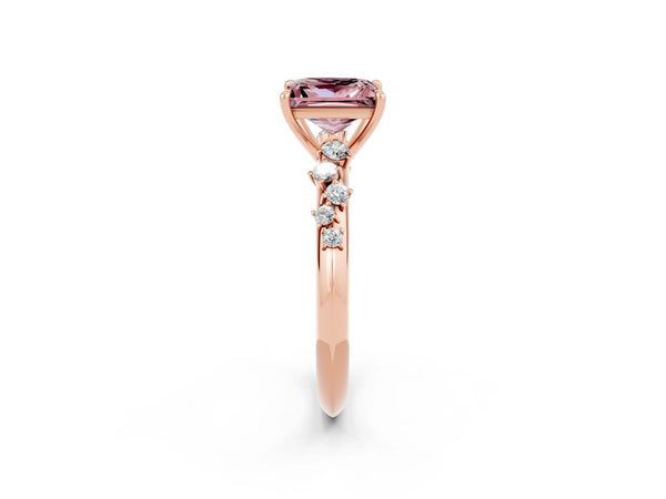 Rose gold Princess Cut Morganite Cluster Side Stone Solitaire Ring with Prong Setting
