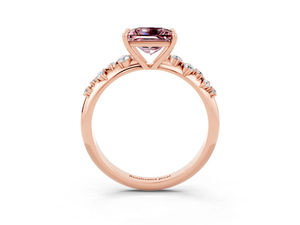 Rose gold Princess Cut Morganite Cluster Side Stone Solitaire Ring with Prong Setting