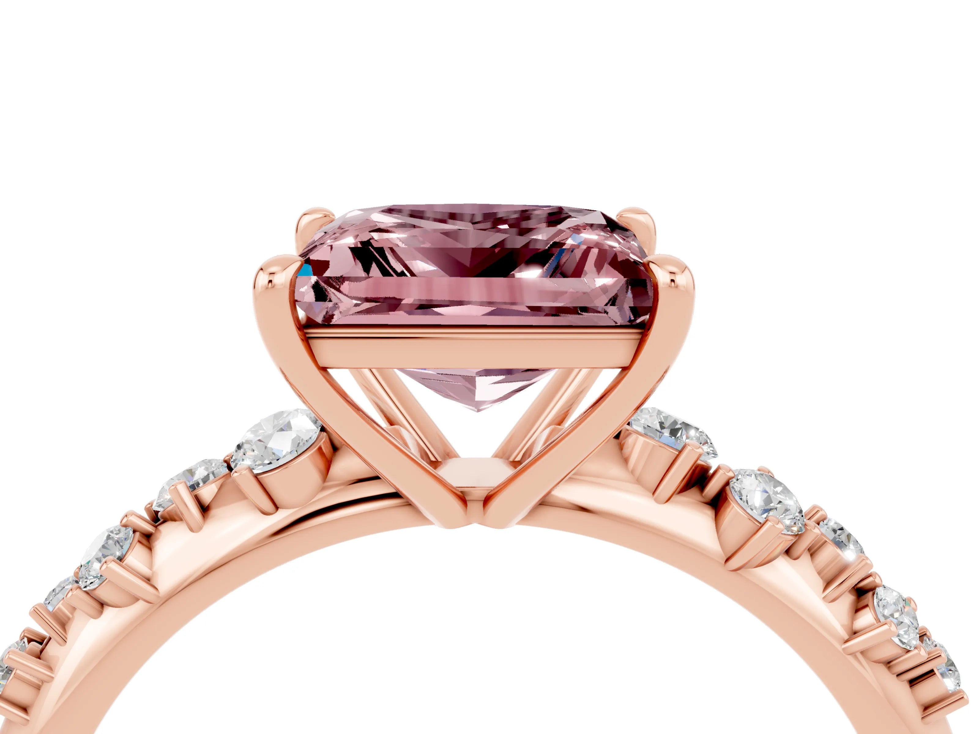 Rose gold Princess Cut Morganite Cluster Side Stone Solitaire Ring with Prong Setting_28